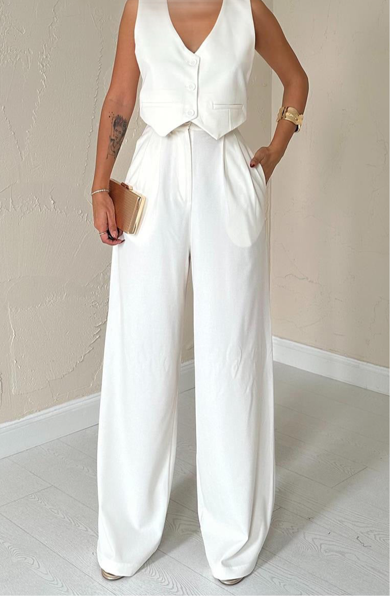Pantalon Tailleur Écru Femme Chic