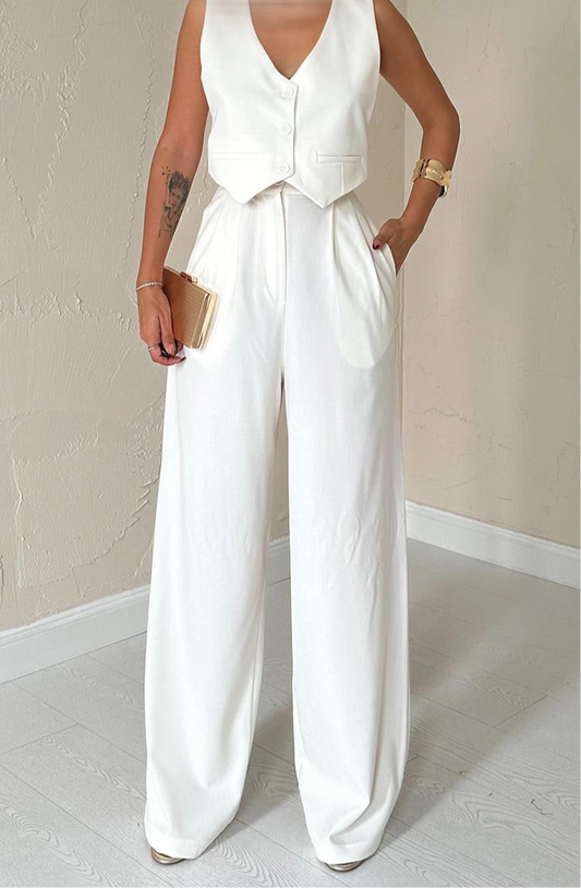 Pantalon Tailleur Écru Femme Chic