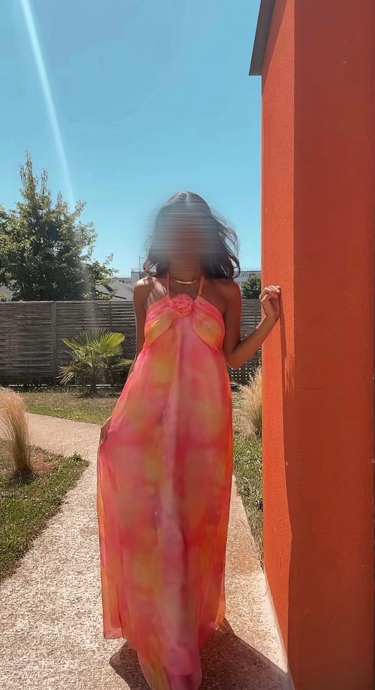 Robe longue fluide rose-orangée - Sunset Divine