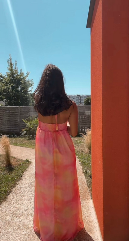 Robe longue fluide rose-orangée - Sunset Divine