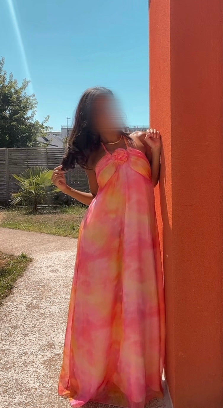 Robe longue fluide rose-orangée - Sunset Divine
