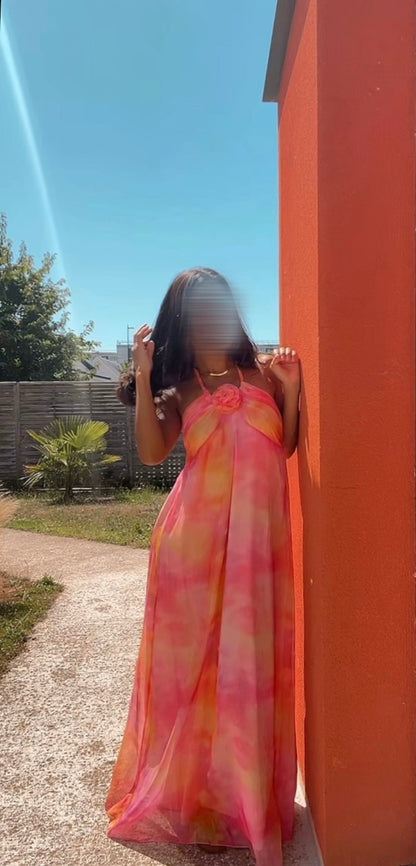 Robe longue fluide rose-orangée - Sunset Divine